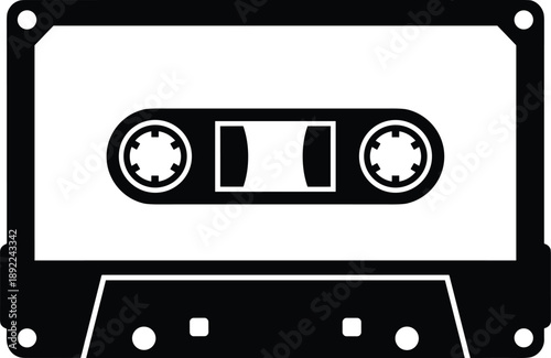 Minimal vector silhouette, vintage cassette tape, solid black, isolated on white.