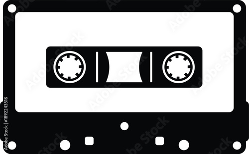 Minimal vector silhouette, vintage cassette tape, solid black, isolated on white.