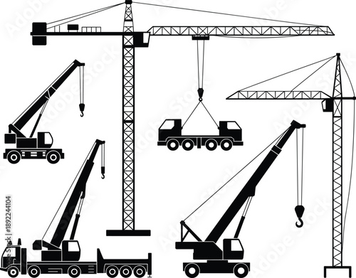 Construction crane silhouettes set, tower and mobile cranes lifting cargo, heavy industrial machinery illustration isolated on white background