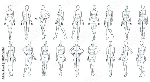 Vector fashion croquis template set, female body outlines in various poses, black and white line art for clothing design, isolated on white