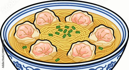 Flat vector illustration of Hong Kong wonton noodles, thin egg noodles in a bowl, shrimp wontons, light clear broth, green chives on top, minimal clean design, bold outlines