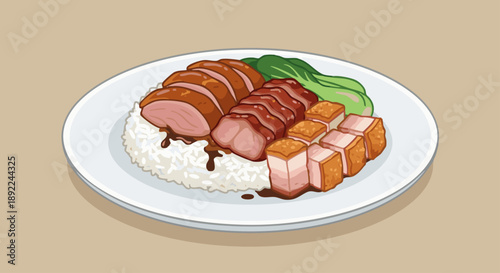 Three Treasure Rice
Flat vector illustration of Hong Kong three-treasure rice, roast duck, char siu, crispy pork on rice, neat arrangement, flat vector food icon style,