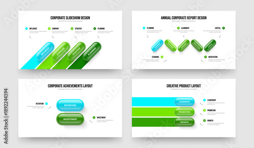Digital Showcase 4 5 2 3 Step Infographic Slideshow Layout Collection. Corporate Introduction Four Five Two Three Element Diagram Frame Template Vector Illustration Set.