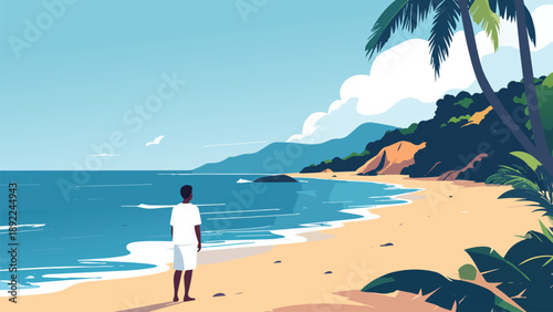 illustration of a man standing on a peaceful tropical beach looking at the ocean waves with mountains and clouds in the background