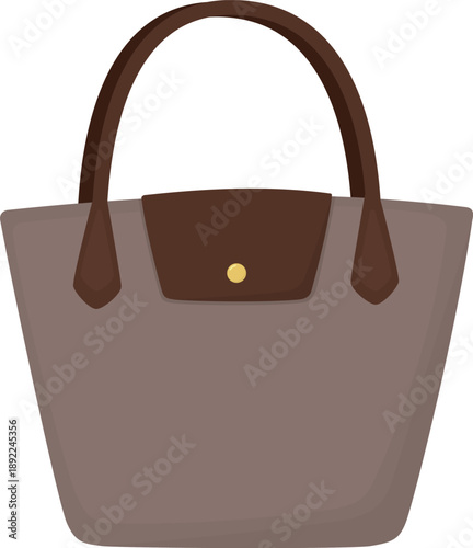 Stylish beige and brown women’s handbag with two handles. Elegant accessory with practical functionality isolated on white