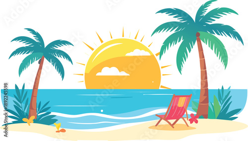 Summer clipart beach sun, ocean, coconut trees, nature background