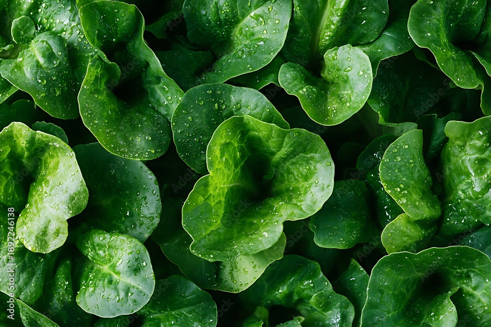 Obraz premium Fresh and Vibrant Green Lettuce Leaves with Raindrops on Natural Background
