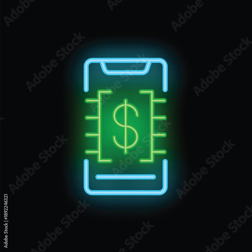 Bright neon sign depicting a mobile phone showing dollar sign on screen, symbolizing mobile banking and online payment