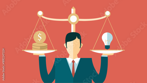 Entrepreneur balancing wealth and innovation on scales symbolizing business strategy and decision making