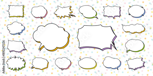 白地にカラフルな影のデザインの吹き出したち　横書き