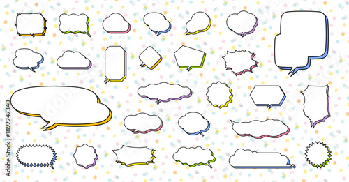 白地にカラフルな影のデザインの吹き出したちたち　色々な形セット