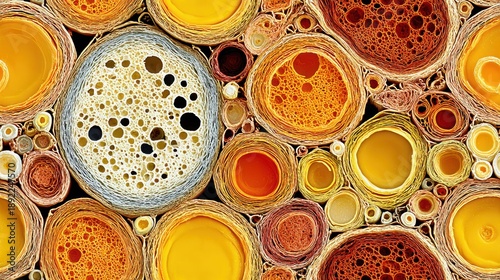 Abstract Cellular Structure, Yellow, Orange and White Round Pattern Design