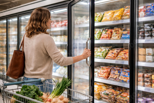 photo of a woman opening a glass freezer door in a modern supermarket, selecting frozen food products. Cool lighting, neutral tones, and a practical everyday mood illustrate convenience, food storage