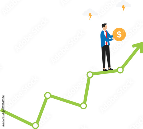 Risk and uncertainty and investment volatility or stock market and crypto currency fluctuation up and down, all weather strategy concept, businessman acrobat planning to walk on risky investment graph