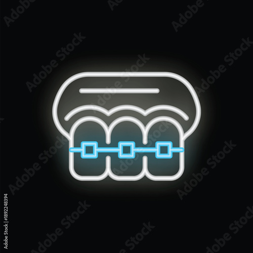 Glowing neon icon of teeth wearing braces, representing orthodontic treatment for a healthy smile
