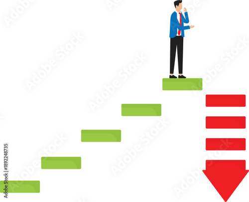 Stock market decline in crisis or bubble burst, investment or economic recession and career dead end or financial risk concept, businessman investor climb up stair with arrow down on top.
down, dead, 