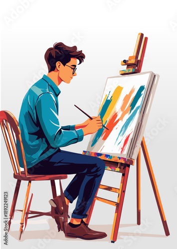 064-08-Man creating new art painting with colorful brush strokes on an easel