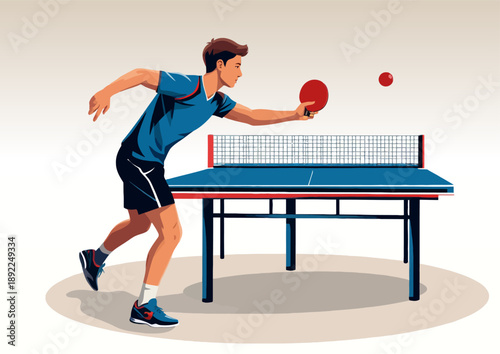 064-10-Young man actively hitting table tennis ball with paddle over net