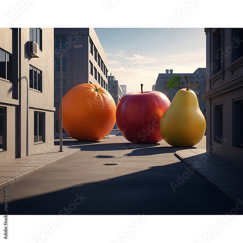 Surreal urban landscape featuring giant fruits an orange, an apple, and a pear, standing on a city street with buildings