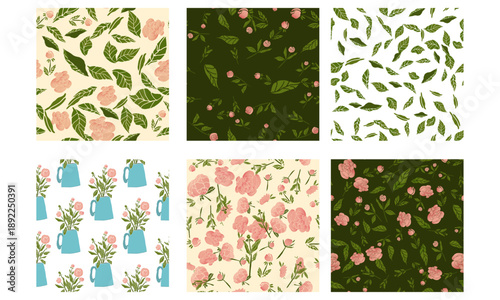 Seamless pink peony floral pattern in a flat minimalist style with soft gradients and a touch of realism. Elegant botanical background featuring peony flowers, buds, and branches