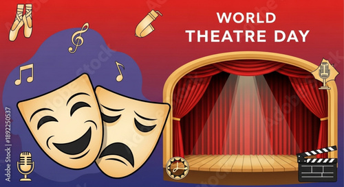 Theatre stage with comedy and tragedy masks on world theatre day red curtains spotlight musical notes and film clapboard celebrating performing arts and drama