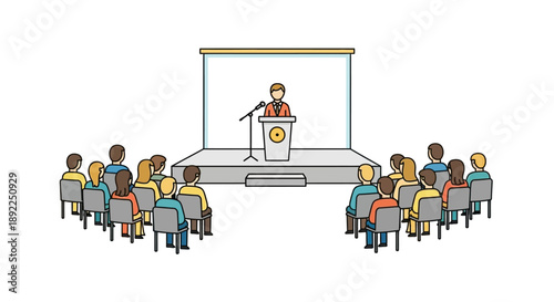 Professional speaker giving an educational presentation to an attentive audience in a conference hall setting, illustrating corporate training and knowledge sharing