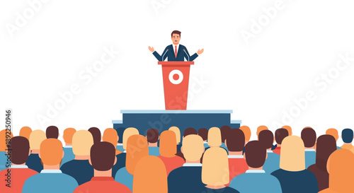 Engaging public speaker at a conference podium addressing a large, diverse audience. This vector illustration depicts effective communication and leadership in a business or educational setting