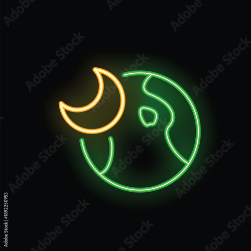 Green neon icon of planet earth with continents and an orange crescent moon shining bright on a black background