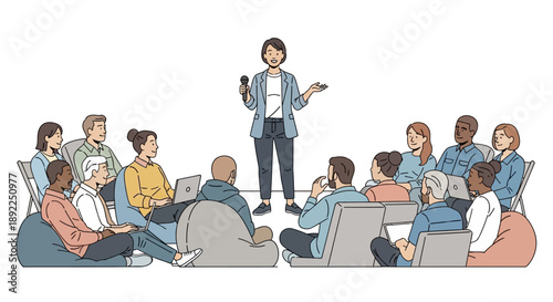 Female speaker passionately presenting ideas to a diverse and attentive audience during a relaxed collaborative learning session or business workshop