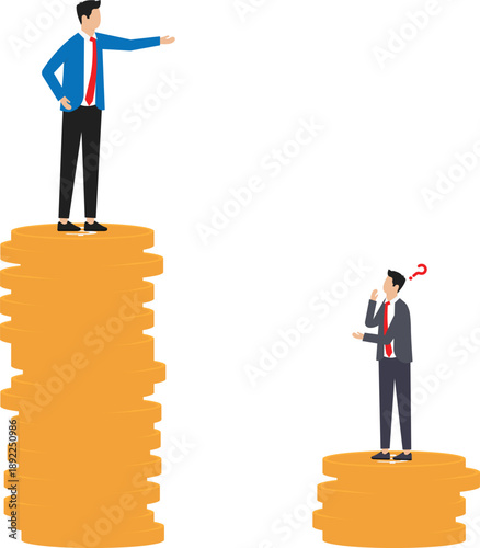 Economic inequality and rich and poor gap, unfairness income and different money people being paid concept, businessman standing on high salary coins tower with poor black man on low coins stack.
