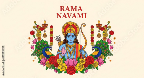 Hindu deity rama navami festival illustration with flowers and bow