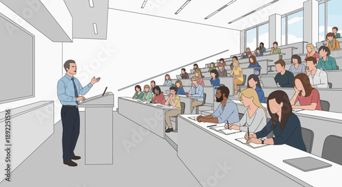Professor delivering an engaging lecture to a diverse group of college students in a modern university classroom, illustrating active learning and academic environment