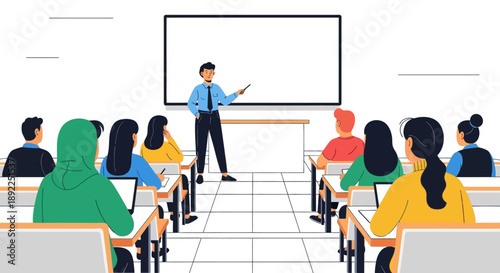 Professional Male Teacher Explaining Lesson to Diverse Students in a Modern Classroom Setting, Highlighting Interactive Learning and Educational Environment