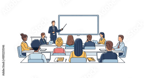 Corporate business meeting illustration speaker presents to diverse team around a table, screen visible. Modern office training and collaboration scene
