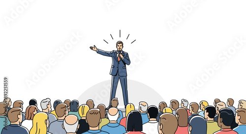 Dynamic speaker captivating an audience during a professional address, embodying powerful communication, leadership influence, and effective public engagement