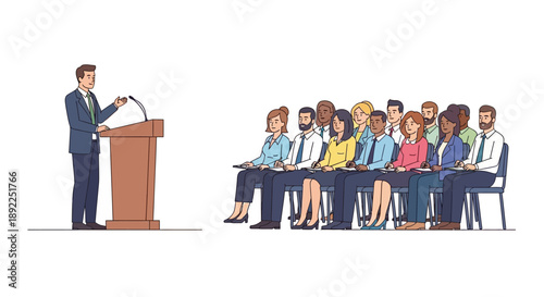 Businessman delivering an engaging speech at a podium to a diverse and attentive audience during a corporate presentation or public seminar