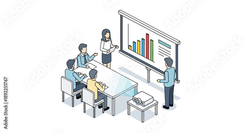Productive Corporate Meeting Illustration Depicting a Business Team Discussing Financial Charts and Project Data for Strategic Planning and Collaborative Decision-Making