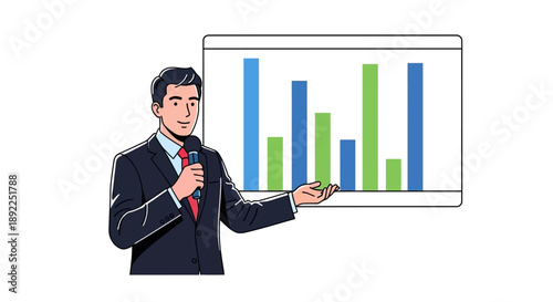Professional man giving a business presentation, holding a microphone and pointing to a bar chart display, illustrating data analysis and corporate communication