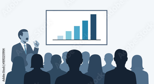 Business presentation with speaker addressing an audience while showing a growth chart on screen