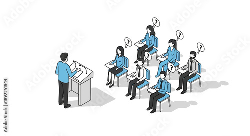 A Diverse Group of Individuals Engaged in a Professional Presentation or Lecture Setting with Clear and Thoughtful Communication