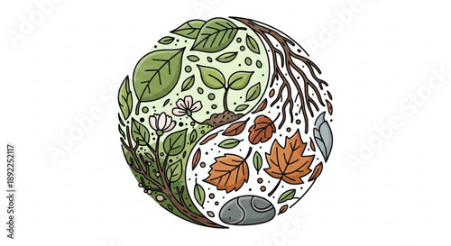 Illustrated Earth with Leaves and Flowers, Environmental Concept, Isolated on White