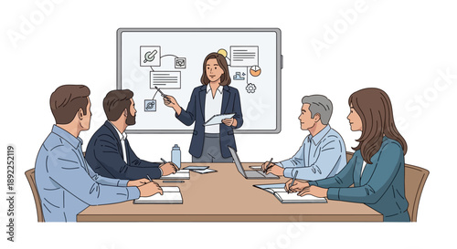 Business meeting with presentation on whiteboard and team collaboration in office setting