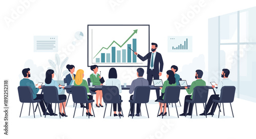 Business meeting with a speaker presenting a growing financial chart to an engaged audience in a conference room