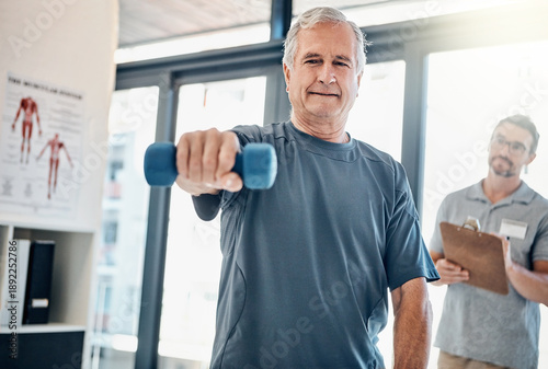 Tableau sur toile Dumbbell, fitness or health with old man and physiotherapist in clinic for exercise or healing