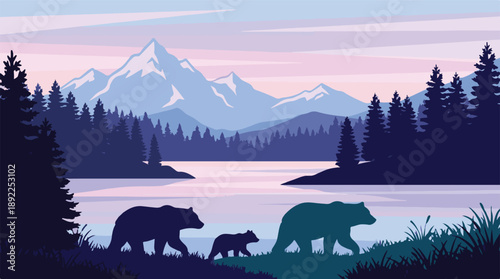Family of bears in a serene mountain landscape with a lake and pine forest