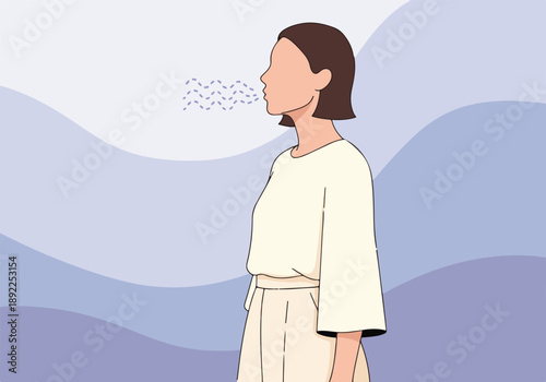 Konstfotografi Woman exhaling air in profile for relaxation, minimalist illustration