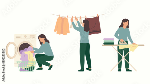 Household chores: washing, drying, and ironing clothes process
