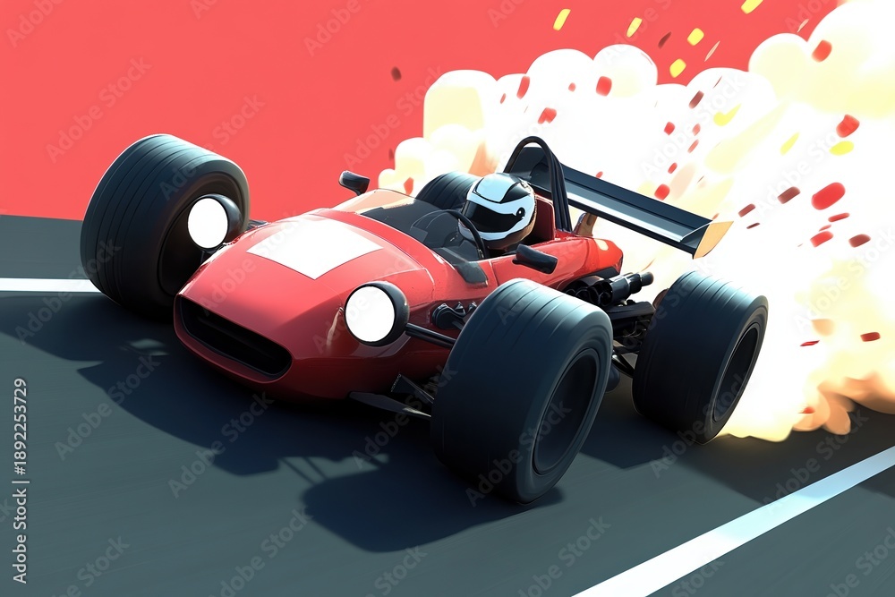 Fototapeta premium Speedy Formula Race Car: A vibrant race car zooms across the track, leaving a cloud of smoke and determination behind it, embodying the thrill of speed and competition.