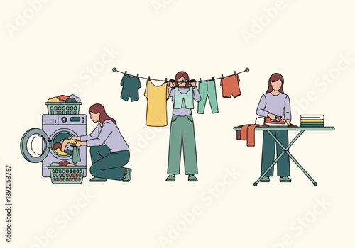 Woman performing various laundry tasks: washing, drying, and ironing clothes