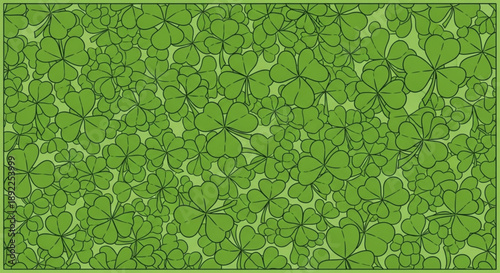 Vibrant green four leaf clover pattern with dark outlines on light green background st patrick's day symbol